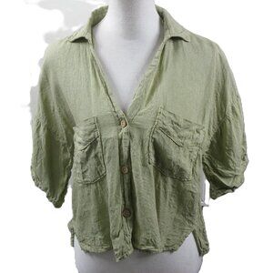 Zara Light Green Linen Boxy Short Sleeve Blouse Size Large